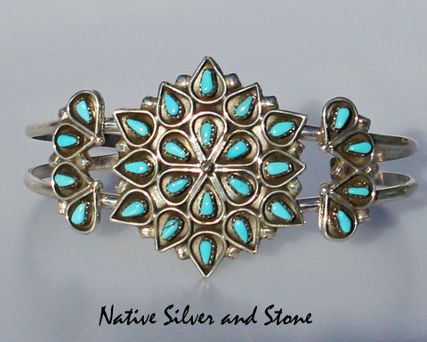 Z Phillip & Arlita Lahi - Zuni Jewelry<br>Bracelet Cuff 1-3/8" Petit Point<br>26 Segments of Sleeping Beauty Turquoise<br>Set in Sterling Silver<br>Size 6-9/16 (Medium)