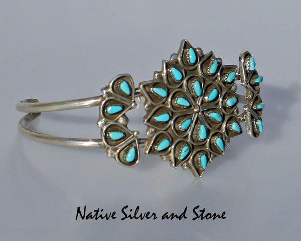 Z Phillip & Arlita Lahi - Zuni Jewelry<br>Bracelet Cuff 1-3/8" Petit Point<br>26 Segments of Sleeping Beauty Turquoise<br>Set in Sterling Silver<br>Size 6-9/16 (Medium)