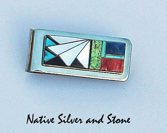 Money Clip<br>White Mother of Pearl Feather<br>Lapis,Turquoise (Multiple), Serpentine, Orange & Purple Spiny Oyster<br>and Jet or Onyx<br>SIlver and Nickel-Silver
