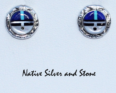 Ryland & Claudia Gasper (Zuni)<br>Handmade Earrings - Post <br>Sunface Muti-Inlay<br>Lapis, White Mother of Pearl, Turquoise, and Jet in Sterling Silver with Stamped Perimeter Designs