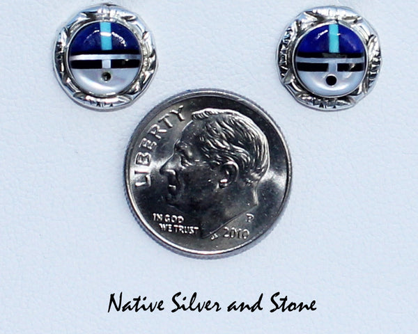 Ryland & Claudia Gasper (Zuni)<br>Handmade Earrings - Post <br>Sunface Muti-Inlay<br>Lapis, White Mother of Pearl, Turquoise, and Jet in Sterling Silver with Stamped Perimeter Designs