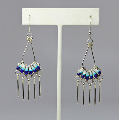 Z RC Gasper (Zuni)<br>Earrings  - French Wire<br>White Mother of Pearl, Turquoise, and Lapis w Sterling Silver Dangle "Paddles"<br>Dangle Post