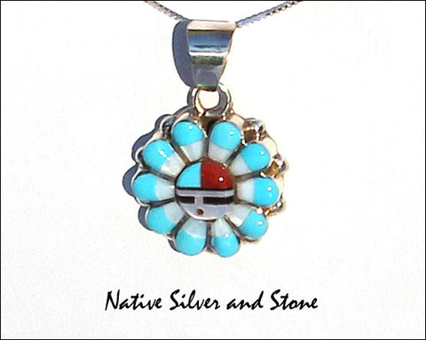 Z RC Gasper (Zuni) - Pendant (only)<br>Sunface with Perimeter<br>Turquoise, Coral, Jet<br>and White Mother of Pearl<br>w Sterling Silver Accent