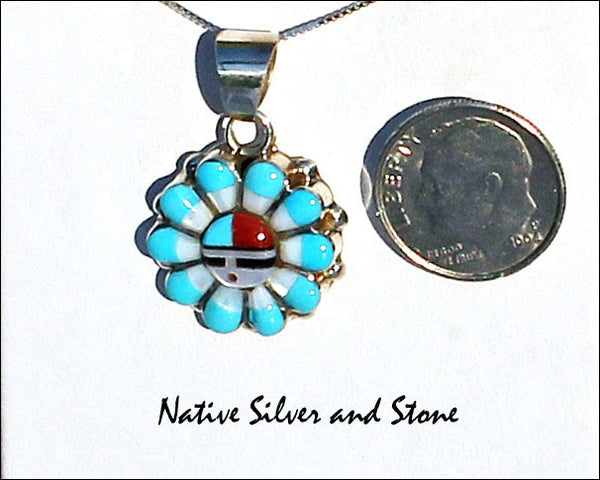 Z RC Gasper (Zuni) - Pendant (only)<br>Sunface with Perimeter<br>Turquoise, Coral, Jet<br>and White Mother of Pearl<br>w Sterling Silver Accent