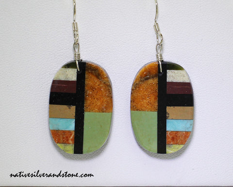 Z Rudy & Mary Coriz<br>Santo Domingo/Ke-Wa Jewelry<br>Earrings - French Wire Long Oval<br>Linear Mosaic Apple Coral and Lime Green