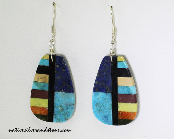 Z Rudy & Mary Coriz<br>Santo Domingo/Ke-Wa Jewelry<br>Earrings - French Wire Pear<br>Lapis, Turquoise & Jet -1/2 Linear Mosaic