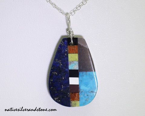 Z Rudy & Mary Coriz<br>Santo Domingo/Ke-Wa Jewelry<br>Pendant Pear<br>Lapis, Turquoise - w Linear Mosaic Strip