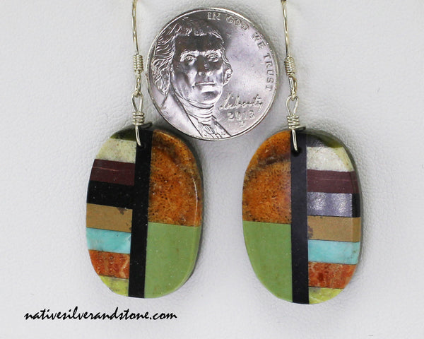 Z Rudy & Mary Coriz<br>Santo Domingo/Ke-Wa Jewelry<br>Earrings - French Wire Long Oval<br>Linear Mosaic Apple Coral and Lime Green