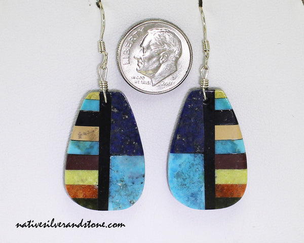 Z Rudy & Mary Coriz<br>Santo Domingo/Ke-Wa Jewelry<br>Earrings - French Wire Pear<br>Lapis, Turquoise & Jet -1/2 Linear Mosaic