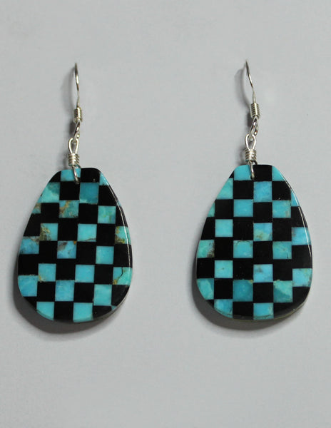 Z Rudy & Mary Coriz<br>Santo Domingo/Ke-Wa Jewelry<br>Earrings - French Wire Pear<br>Turquoise & Jet - Checkboard