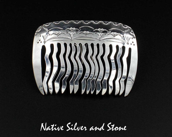 Rayna Platero Secatero<br>Navajo <br>Hair Comb - Stamped<br>Oxidized Sterling Silver