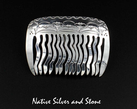 Rayna Platero Secatero<br>Navajo <br>Hair Comb - Stamped<br>Oxidized Sterling Silver