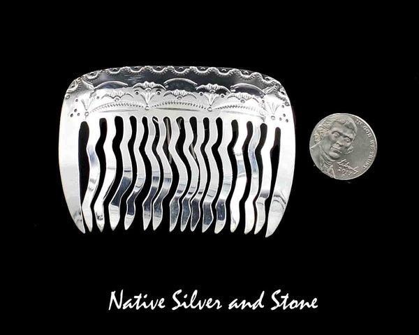 Rayna Platero Secatero<br>Navajo <br>Hair Comb - Stamped<br>Oxidized Sterling Silver