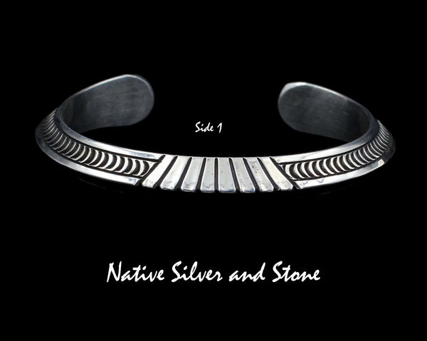 Z Randy Secatero - Navajo<br>Bracelet Cuff 3/8"<br>TriAngled Overlay<br>Stamping & Sawcuts<br>Heavy Gauge<br>Sterling Silver<br>Size 6-3/4 (Medium-Large)
