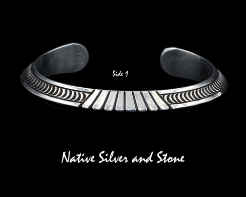 Z Randy Secatero - Navajo<br>Bracelet Cuff 3/8"<br>TriAngled Overlay<br>Stamping & Sawcuts<br>Heavy Gauge<br>Sterling Silver<br>Size 6-3/4 (Medium-Large)