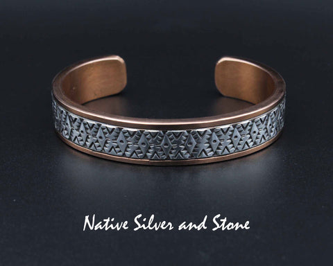 Z Randy Secatero & Sylvana Apache Navajo<br>1/2" Bracelet Cuff<br>Copper with Stamped Silver Overlay<br>Size 6-9/16" (Medium-Large)