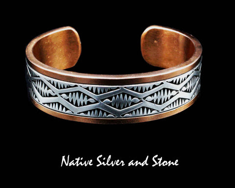 Z Randy Secatero & Sylvana Apache Navajo<br>3/4" Bracelet Cuff<br>Copper with Stamped Silver Overlay<br>Size 7-1/16" (Large)