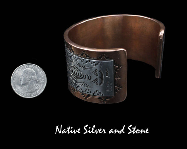 Z Randy Secatero & Sylvana Apache<br>Navajo<br>1-1/2" Bracelet Cuff<br>Copper with Stamped Silver Overlay<br>Size 7-1/2 (Extra Large)