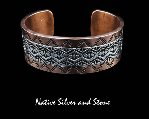 Z Randy Secatero & Sylvana Apache - Navajo<br>BCCS<br>1" Bracelet Cuff<br>Copper with Stamped Silver Overlay<br>Size 7-3/8 (Large)