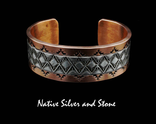 Z Randy Secatero & Sylvana Apache - Navajo<br>BCCS<br>1" Bracelet Cuff<br>Copper with Stamped Silver Overlay<br>Size 7-5/8 (Extra Large)
