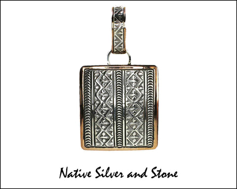 Z Randy Secatero & Sylvana Apache<br>Navajo Pendant - Buckle Sized<br>XLarge Vertical Rectangle<br>Copper with Sterling Silver Overlay and Vertical Diamond Stamping