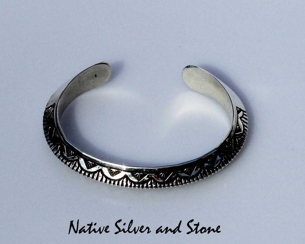 Z Randy Secatero - Navajo<br>Bracelet Cuff 3/8"<br>Silver TriAngled Overlay<br>with Stamping & Sawcuts<br>Size 6-7/16 (Medium)
