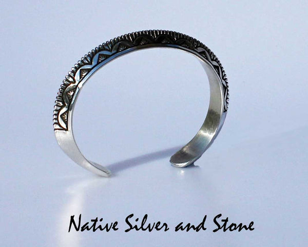 Z Randy Secatero - Navajo<br>Bracelet Cuff 3/8"<br>Silver TriAngled Overlay<br>with Stamping & Sawcuts<br>Size 6-7/16 (Medium)