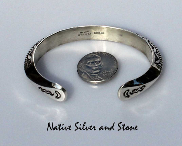 Z Randy Secatero - Navajo<br>Bracelet Cuff 3/8"<br>Silver TriAngled Overlay<br>with Stamping & Sawcuts<br>Size 6-7/16 (Medium)
