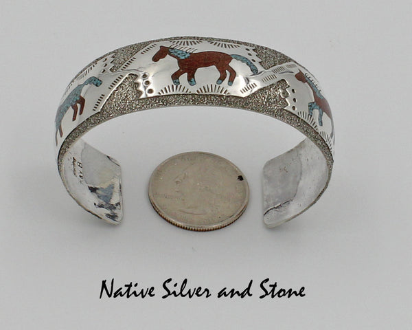 Z Raymond Begay<br>Navajo Jewelry<br>Bracelet - Overlay Cuff<b>3 Horses - Inlay of Crushed Turquoise & Coral Chip Mosaic <br>Sterling Silver Stamping Accents 6-13/16 (Medium-Large)