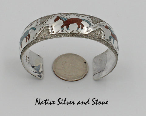 Z Raymond Begay<br>Navajo Jewelry<br>Bracelet - Overlay Cuff<b>3 Horses - Inlay of Crushed Turquoise & Coral Chip Mosaic <br>Sterling Silver Stamping Accents 6-13/16 (Medium-Large)