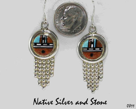 Z Rayland & Patty Edaakie (Zuni)<br>(RP Edaakie)<br>Earrings - Sunface w Raincloud<br>French Wire<br>Coral, Turquoise, Jet, White MOP<br>Multi-Inlay