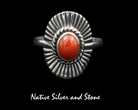 Raymond Coriz - Kewa<br>7/16" Ring<br>Sterling Silver "Shield"/"Sunburst"<br>Coral<br>Size 10
