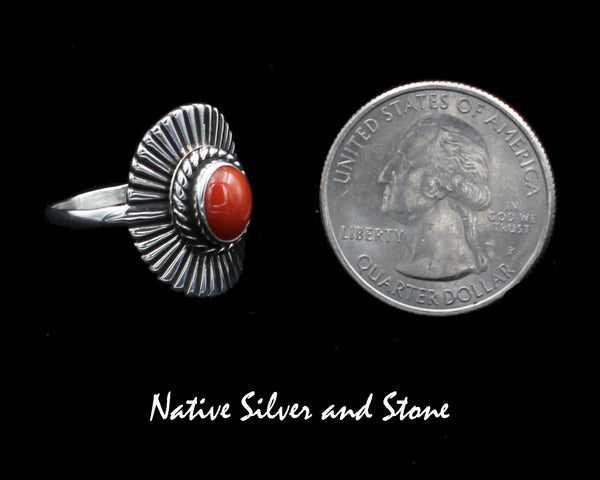 Raymond Coriz - Kewa<br>7/16" Ring<br>Sterling Silver "Shield"/"Sunburst"<br>Coral<br>Size 10