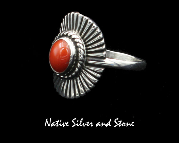 Raymond Coriz - Kewa<br>7/16" Ring<br>Sterling Silver "Shield"/"Sunburst"<br>Coral<br>Size 10