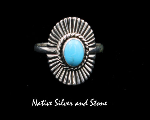 Raymond Coriz - Kewa<br>7/16" Ring<br>Sterling Silver "Shield"/"Sunburst"<br>Turquoise<br>Size 10
