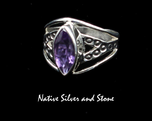 Raymond Coriz - Kewa<br>5/8" Ring<br>Amethyst-Purple Faceted<br>Sharp Oval "Marquis"<br>Size 7