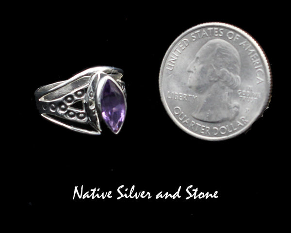 Raymond Coriz - Kewa<br>5/8" Ring<br>Amethyst-Purple Faceted<br>Sharp Oval "Marquis"<br>Size 7