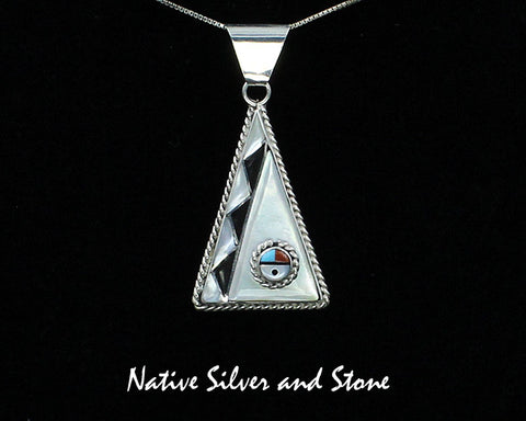 Raymond Unkestine- Zuni<br>1-1/4" Pendant - Inlaid<br>Triangle w Twist Sunface<br>White Mother of Pearl and Jet<br>Sterling Silver