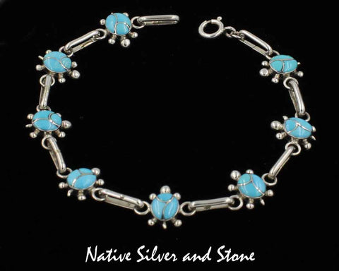 Z Rebecca Yatsattie - Zuni<br>Bracelet - Link - Turtles<br>Sleeping Beauty Turquoise