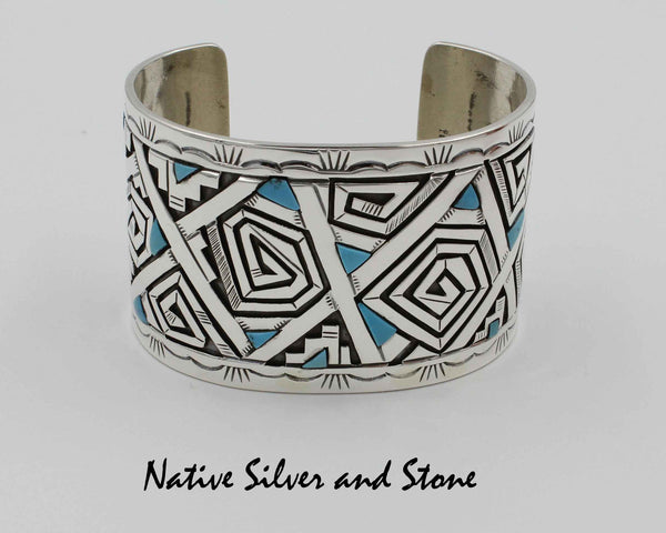 Z Peter Nelson - Navajo<br>Custom Bracelet Cuff 1-3/4"<br>Sterling Silver Oxidized Overlay & Stamping<br>Natural Kingman Turquoise Chips<br>Size 7-1/4