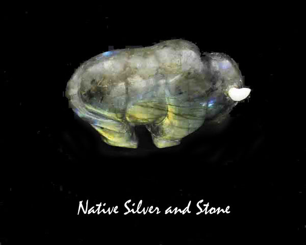 Z  Bison/Buffalo<br>Zuni Fetish Carving<br>Ron Laahty<br>Labradorite<br>Mother of Pearl Accents