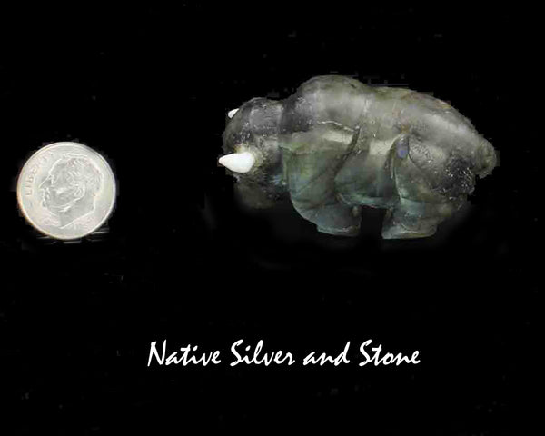 Z  Bison/Buffalo<br>Zuni Fetish Carving<br>Ron Laahty<br>Labradorite<br>Mother of Pearl Accents