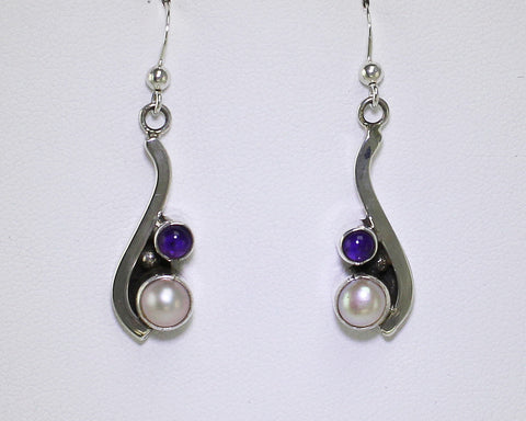 Z Rosella Sandoval - Apache<br>1" Earrings - French Wire<br>Silver "S" w Pearl & Amethyst Dots