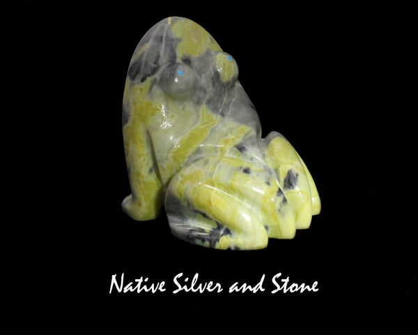 Frog<br>Zuni Fetish Carving<br>Rosella Soseah<br>Serpentine with Turquoise Accents<br>Large
