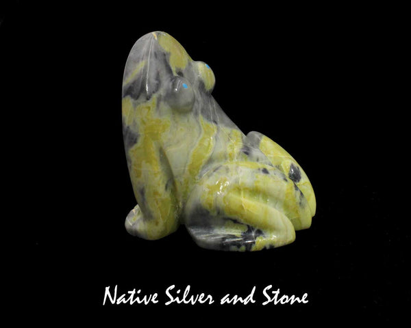 Frog<br>Zuni Fetish Carving<br>Rosella Soseah<br>Serpentine with Turquoise Accents<br>Large