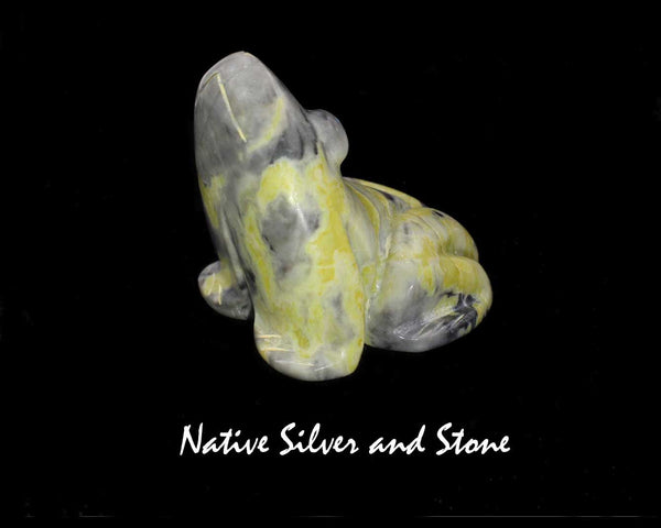 Frog<br>Zuni Fetish Carving<br>Rosella Soseah<br>Serpentine with Turquoise Accents<br>Large