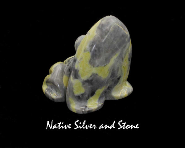 Frog<br>Zuni Fetish Carving<br>Rosella Soseah<br>Serpentine with Turquoise Accents<br>Large