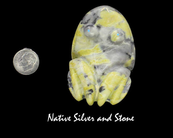 Frog<br>Zuni Fetish Carving<br>Rosella Soseah<br>Serpentine with Turquoise Accents<br>Large