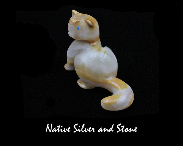 Z Domestic Cat<br>Zuni Fetish Carving<br>Rosella Soseah<br>Banded Agate with Turquoise Accents
