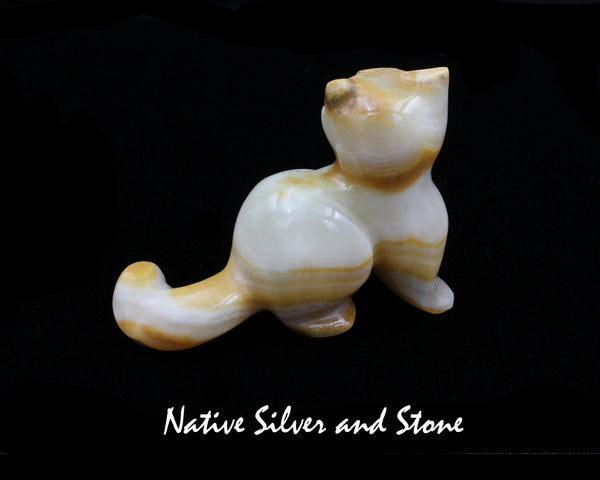 Z Domestic Cat<br>Zuni Fetish Carving<br>Rosella Soseah<br>Banded Agate with Turquoise Accents